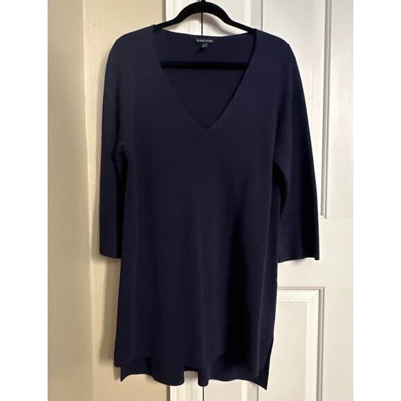Eileen Fisher Navy Silk Organic Cotton V Neck Tunic High Low Hem Large - Picture 1 of 6